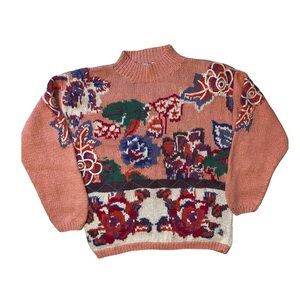 Vintage 80s IVY Floral Mock Neck Sweater Yarn Embroidered Detail Pink Sz Medium